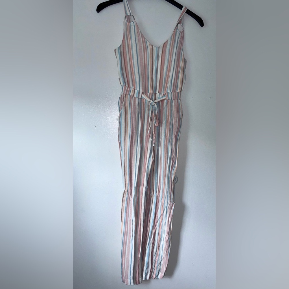 Derek Heart Sz Small Striped Beachy Boho Capri Length Jumpsuit Belt Pockets